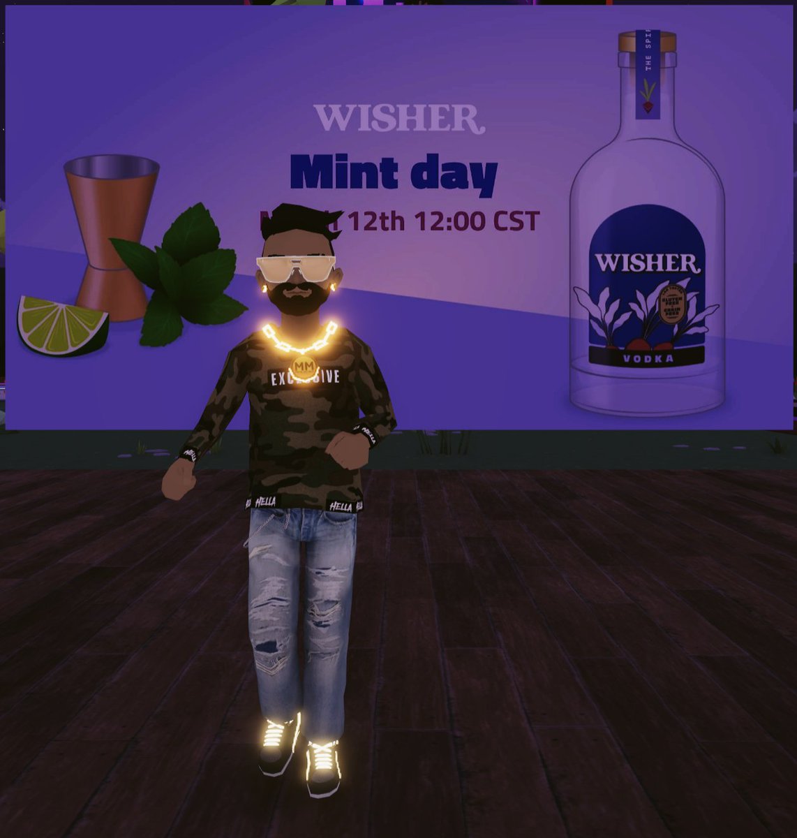 Place @wishervodka mint day 03/12/22

Glasses - Wallstreetbets 
Chain - First Gold Chain in DCL - Meta Metals 
Hoodie - @Hella_Rich 
Denim Jeans - Mythic G.G. Distressed Jeans https://t.co/T5Ng6swsK1
Shoes - @T0kenDesign 

@MetaPartyDCL @decentraland @LoyaltyDCL @M3TAMARKETING https://t.co/KLqZzwtkAX