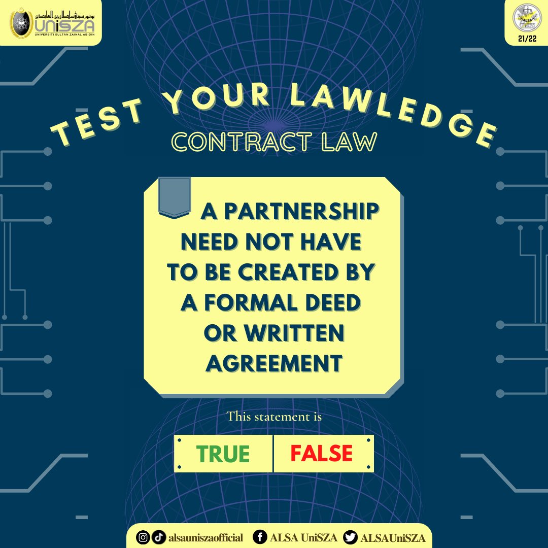 ALSAUniSZA's tweet photo. 【Test your Lawledge (Part 9)：Contract Law】

Hello and greetings everyone! 

We are back again with Pop Quiz in Contract Law! Let's test your LAWLEDGE by voting on our IG story or just reply under this tweet.

Answer will be revealed tomorrow! ✨

#ALSAAlwaysBeOne
#ALSAUniSZA https://t.co/lcCjPORFBc
