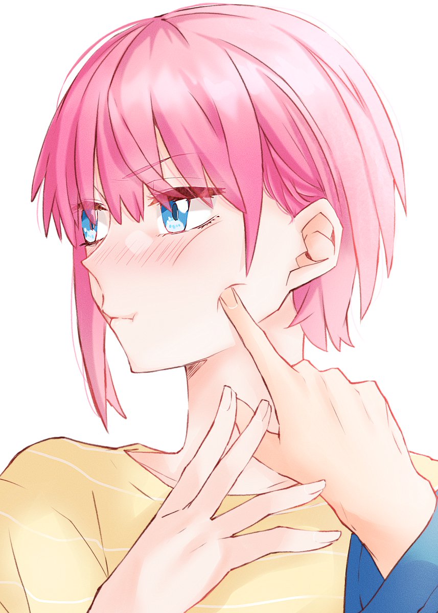 nakano ichika pink hair 1girl short hair cheek poking blue eyes poking bangs  illustration images