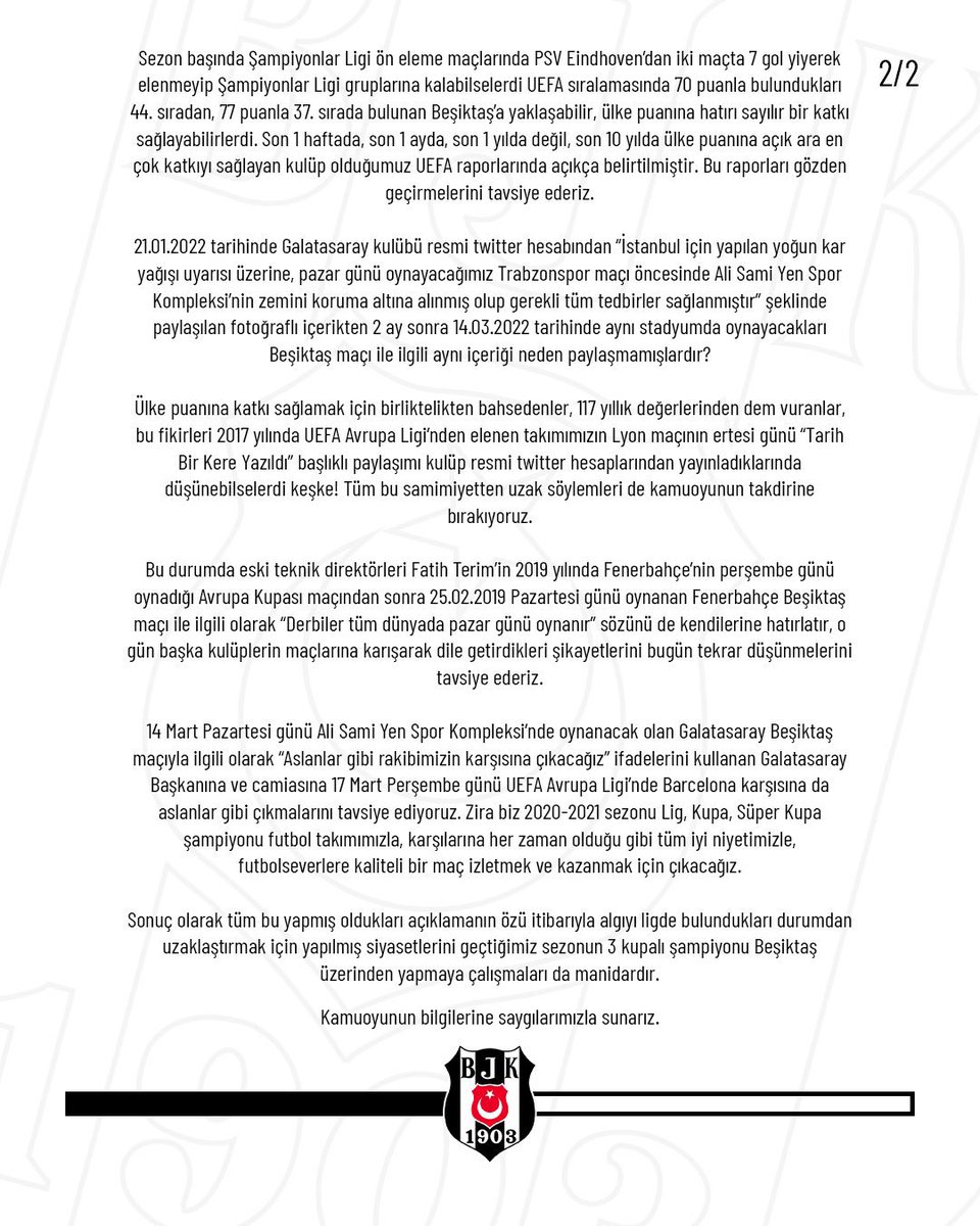 Beşiktaş Kulübü kutuyu açtı.
-Ertleme talebi hâlâ yok.
-Stadyum inşaatında Galatasaray stadını paylaşmadı.
-Terim:”Derbiler pazar günü oynanır.”
-Lyon maçından sonra kupa paylaşımı
-Galatasaray imkanı varken İzmir’den dönmedi.
-Son 10 yılda en fazla ülke puanı Beşiktaş topladı.