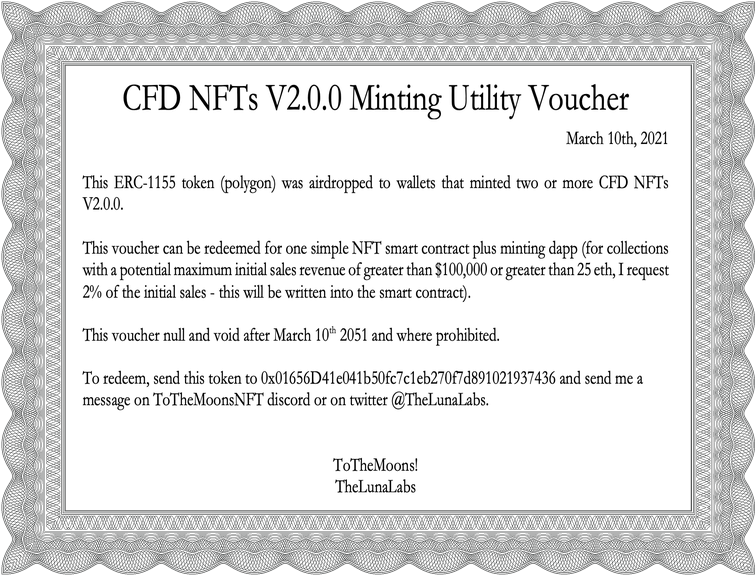 ToTheMoonsNFT's tweet photo. CFD NFTs V3.0.0 drops this Friday March 18th with the full Moon!

CFD NFTs V1.0.0 sold out in 3 hours, and CFD NFTs V2.0.0 public sale sold out in 2 hours - for each, only 1 listed at 420 eth!!

And our ERC1155 has two listings at 1 eth!
https://t.co/2Au9FSOwPH

#ToTheMoon #WAGMI https://t.co/lfyf0Q8soN