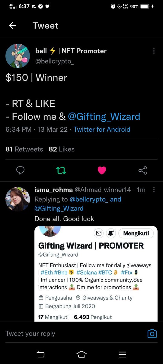 MiccoSayago's tweet photo. @bellcrypto_ @Gifting_Wizard Done
0x850A975d6947ddabA0d18B0d460376384d4f6C29 https://t.co/aRQpWLaqMw