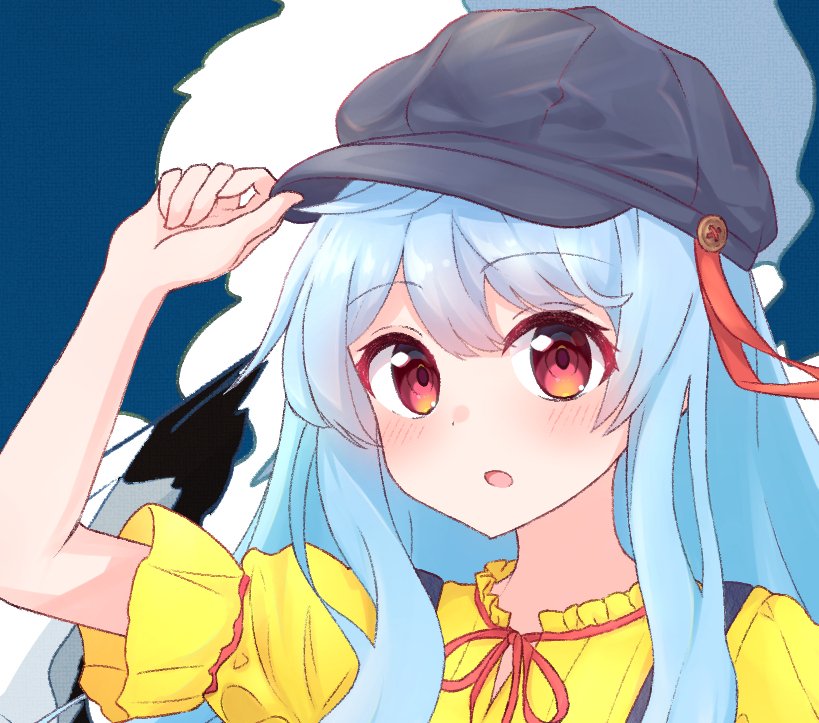 1girl solo blue hair long hair hat open mouth red eyes  illustration images