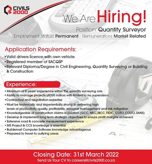 RMakukuli's tweet photo. WE ARE HIRING!
Do you fit the requirements? Join the Civils 2000 team today!
Send your CV to careers@civils2000.co.za and we could be calling you soon!
Closing date: 31st March 2022
#Civils2000 https://t.co/A8U3MGmriJ