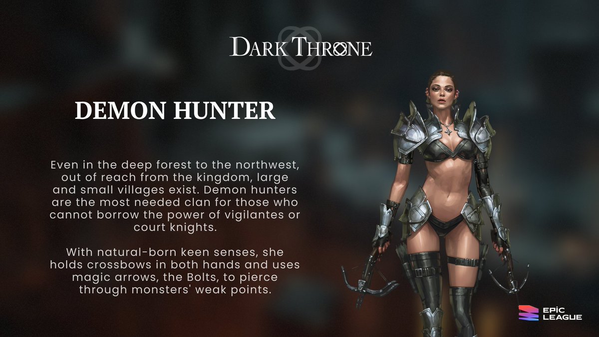 epicleagueteam's tweet photo. Introducing #DEMONHUNTER of DARK THRONE.
🏹She holds crossbows in both hands and uses magic arrows to pierce enemy🏹

🔔10 Discord WL Spots GIVEAWAY!

TO ENTER👇
⚡️within 18 hrs

➜ RT&amp;Like
➜ Join Discord: https://t.co/OiiNKPEJvj
➜ Follow @epicleagueteam

#p2e #darkthrone #NFT https://t.co/qEzeCQGZNN