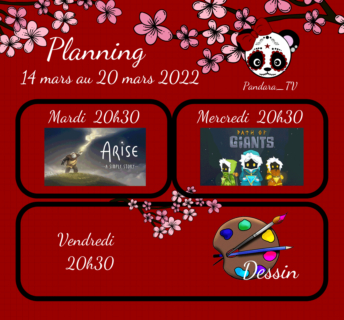 Pandara_Dark's tweet photo. Coucou tout le monde, voici le planning de la semaine prochaine :
Mardi : Arise a simple story
Mercredi : Path of giants
Vendredi : Art les pandastros
Bon dimanche les pandas et prenez soin de vous💜
#twitchfr #planner #plannertwitch #twitchstreaming #twitch #arttwitch #twitchart https://t.co/1Ai5yhEow4