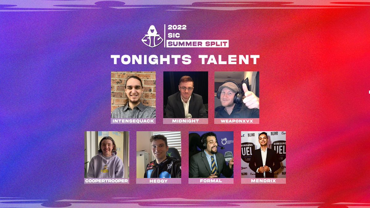 Tonight on the desk for #SIC Week 4

Host: <a href="/Wazappenning/">IntenseQuack 🍉</a> 
Analysts: <a href="/MidnightCaster/">Euan 'Midnight' Reid</a> and @WeaponXVXCasts 
PBP: <a href="/poopdetroop/">CooperTrooper117</a> and <a href="/formalcasting/">max vonneumann</a> 
CC: <a href="/Hedgytowns74/">Caleb Curtis</a> and <a href="/MendrixNm/">Mendrix</a> 

LIVE @ 6:20PM AEDT twitch.tv/SumSoc