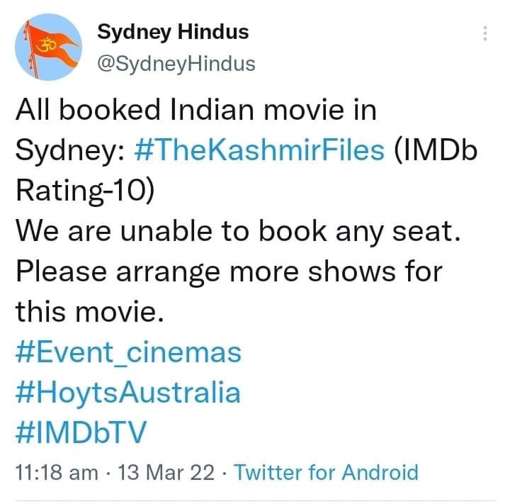 AjayValavala's tweet photo. Kashmir Files#event_cinemas#hoytsAustralia#IMDbTV https://t.co/rXXL4pKHvv