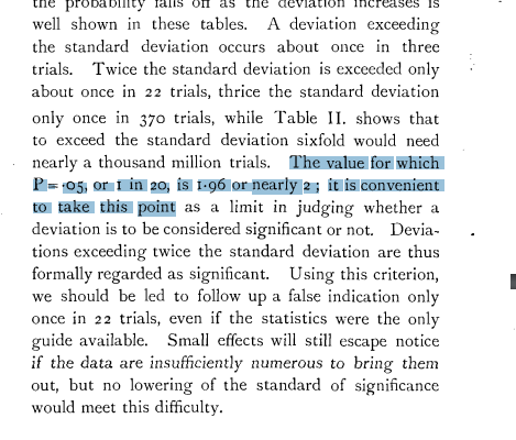 OKalliokoski's tweet image. I want to say that this is basically all that Fisher ever said about why he chose 0.05 as a cut-off heuristic. Basically it was &quot;convenient.&quot;

From Statistical Methods for Research Workers (1925)