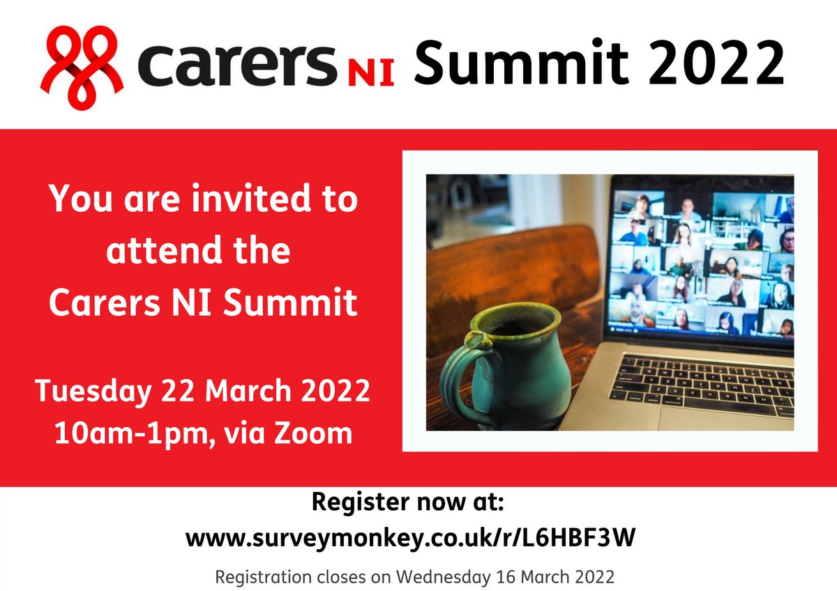 Don't forget to register for the Carers NI Summit!

It’s taking place via Zoom on Tuesday 22 March at 10am-1pm. The summit will cover the latest news and updates for carers in Northern Ireland. Sign up and secure your place: surveymonkey.co.uk/r/L6HBF3W