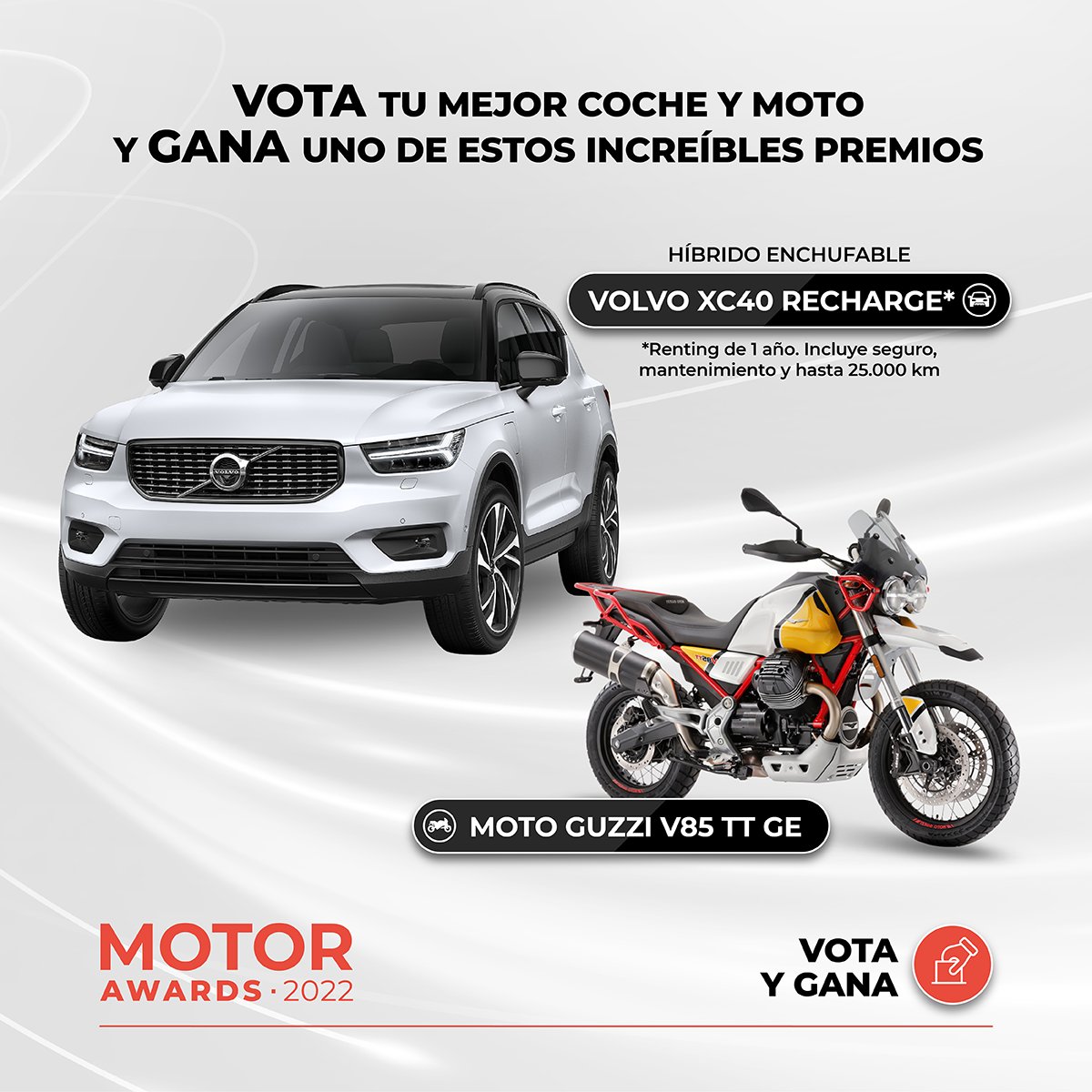 ¡VOTA en los #MotorAwards 2022! 🏆 Puedes ganar el renting de 1 año de un Volvo XC40 Recharge o una Moto Guzzi V85 TT GE. 
Participa aquí ➡ ow.ly/Ak7r50IgKG5