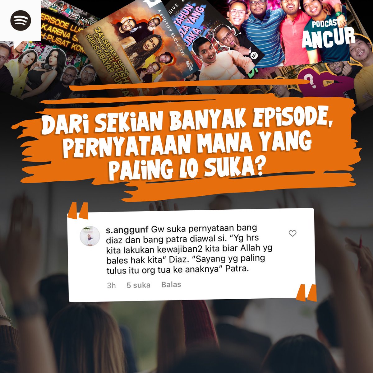 PodcastAncur's tweet photo. Yati jadi kepo, dari sekian banyak episode, pernyataan mana yang paling lo suka? Komen di bawah ya!

#PodcastAncur https://t.co/fa5yc1QraU