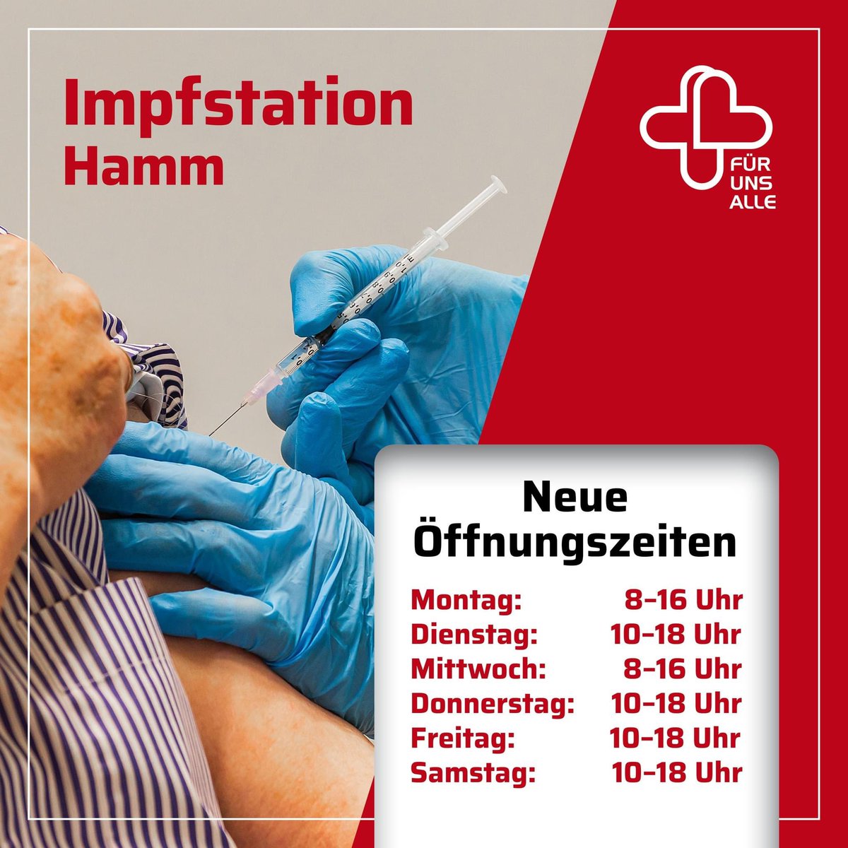 hamm_stadt's tweet photo. Achtung, in der #Impfstation in der Fußgängerzone (Weststraße 36) gelten ab morgen neue Öffnungszeiten. Alle Infos rund ums #Impfen in #Hamm gibt's auf https://t.co/2zj4mpmjB4 https://t.co/zWTqJBDFhu