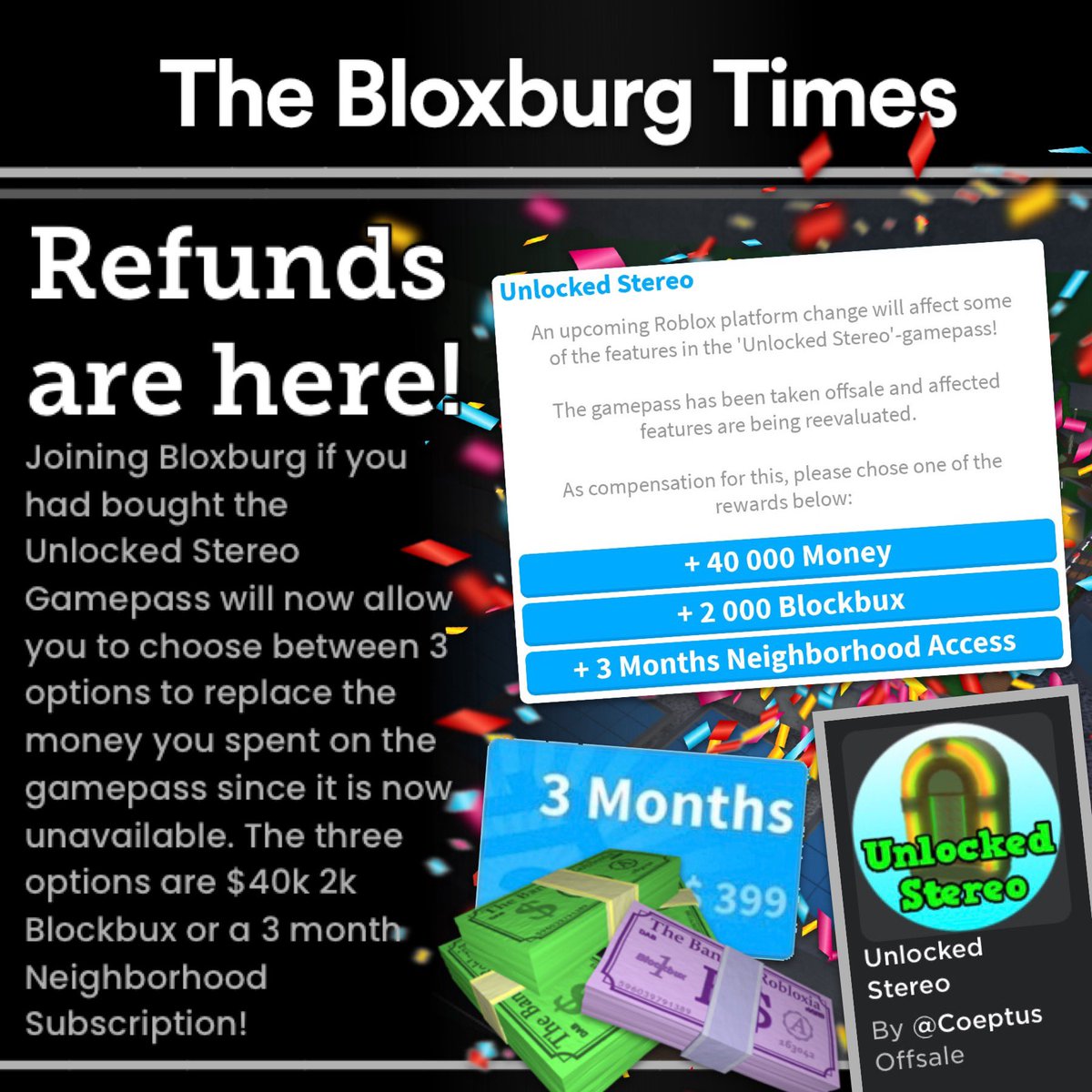 The Bloxburg Times on X: Refunds to the Unlocked Stereo Gamepass