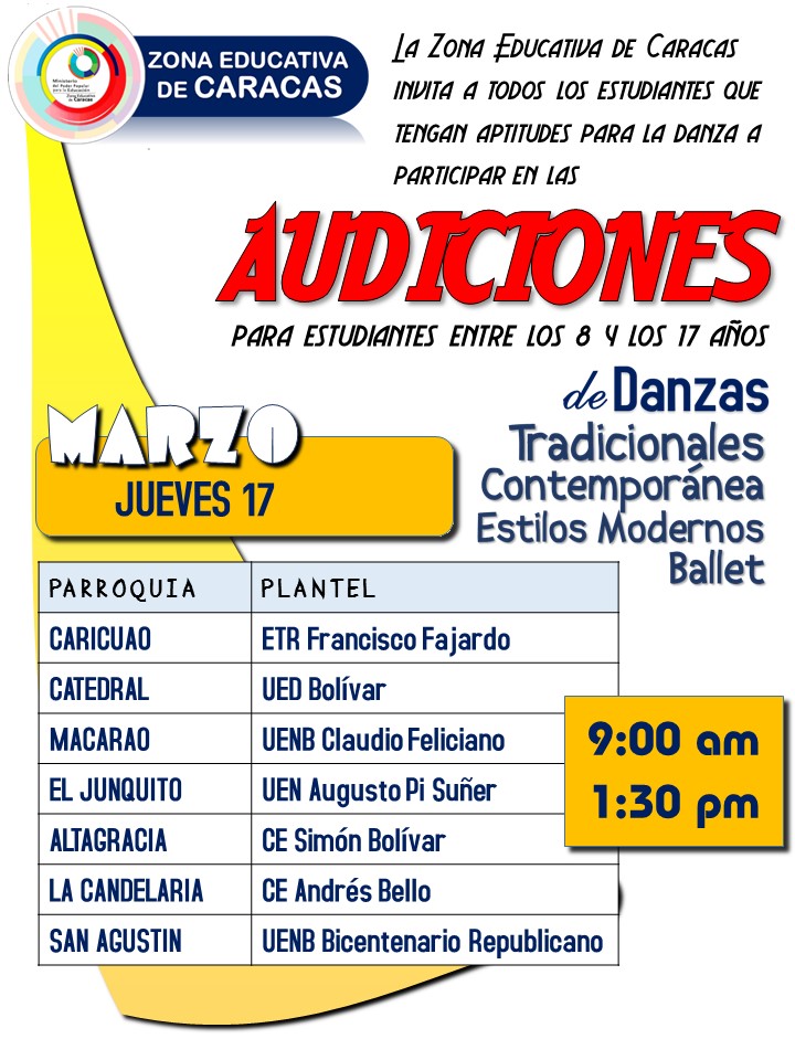 #Marzo2022 <a href="/ZonaEducativaDC/">Zona Educativa Caracas</a>  Audiciones en tu parroquia ubica Lugar, Día y Hora . #MovimientoDeDanza 
<a href="/_LaAvanzadora/">Yelitze Santaella</a> 
@MPPEDUCACION