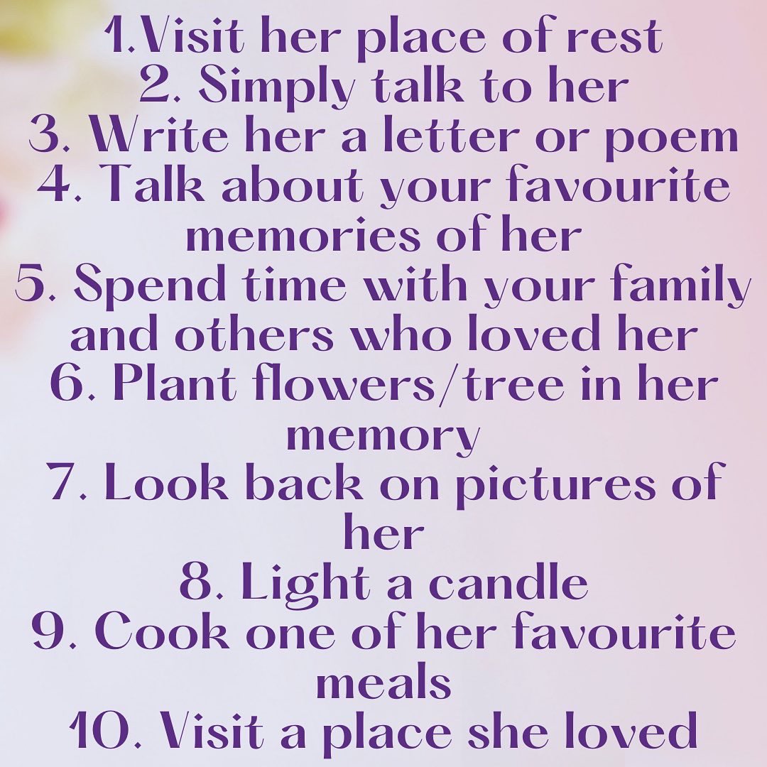 LivingOn00's tweet image. Here are some ways in which you can remember mum this Mother’s Day🤍 But everyone is different and deals with grief in many ways so it’s also ok to simply do nothing💜 #mothersday #rememberingmum #itsokaynottobeokay #livingon