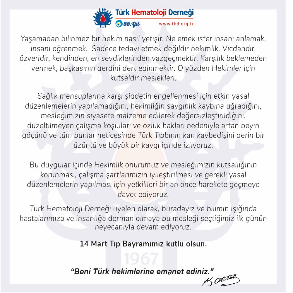 TurkHemaDernegi's tweet photo. 14 Mart Tıp Bayramımız Kutlu Olsun https://t.co/56takztBcK