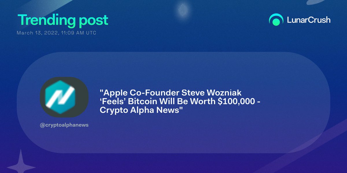 LunarCrush's tweet photo. Trending on #LunarCrush:

"Apple Co-Founder Steve Wozniak ‘Feels’ #Bitcoin Will Be Worth $100,000" via @cryptoalphanews

https://t.co/UN9kmZb7zd https://t.co/wQQfLCrfsn