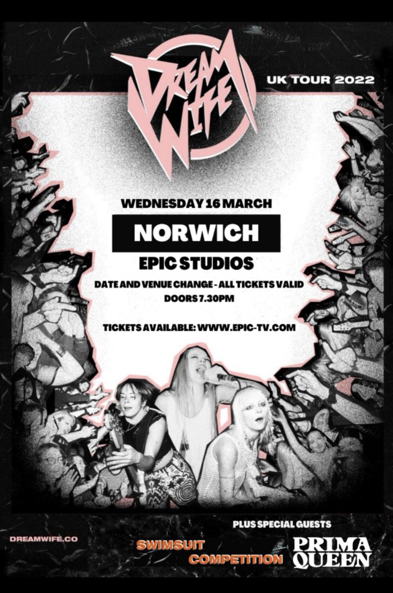 Swimsuit Competition (@swimsuitcomp) on Twitter photo VENUE & DATE CHANGE!
We are still supporting <a href="/DreamWifeMusic/">Dream Wife</a> next week- but we will be at <a href="/EPICNorwich/">Epic Studios</a> on the 16th!
All tix valid- buy them here! epic-tv.com/events/event/d… VENUE & DATE CHANGE!
We are still supporting <a href="/DreamWifeMusic/">Dream Wife</a> next week- but we will be at <a href="/EPICNorwich/">Epic Studios</a> on the 16th!
All tix valid- buy them here! epic-tv.com/events/event/d…