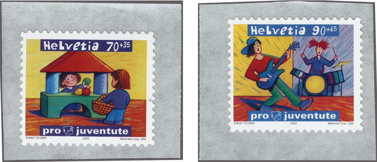 Corinphila's tweet photo. Highlight Auction 254 (17-19 March 2022):
Switzerland Pro Juventute 2003 (Zst 370A, 372A) - error face value 70c. and 90c. instead of 85c. and 100c. - these stamps were discovered in a 2003 post office yearbook, till today not known by us!
https://t.co/kneNCoRnWu https://t.co/tNH2oB4KZa