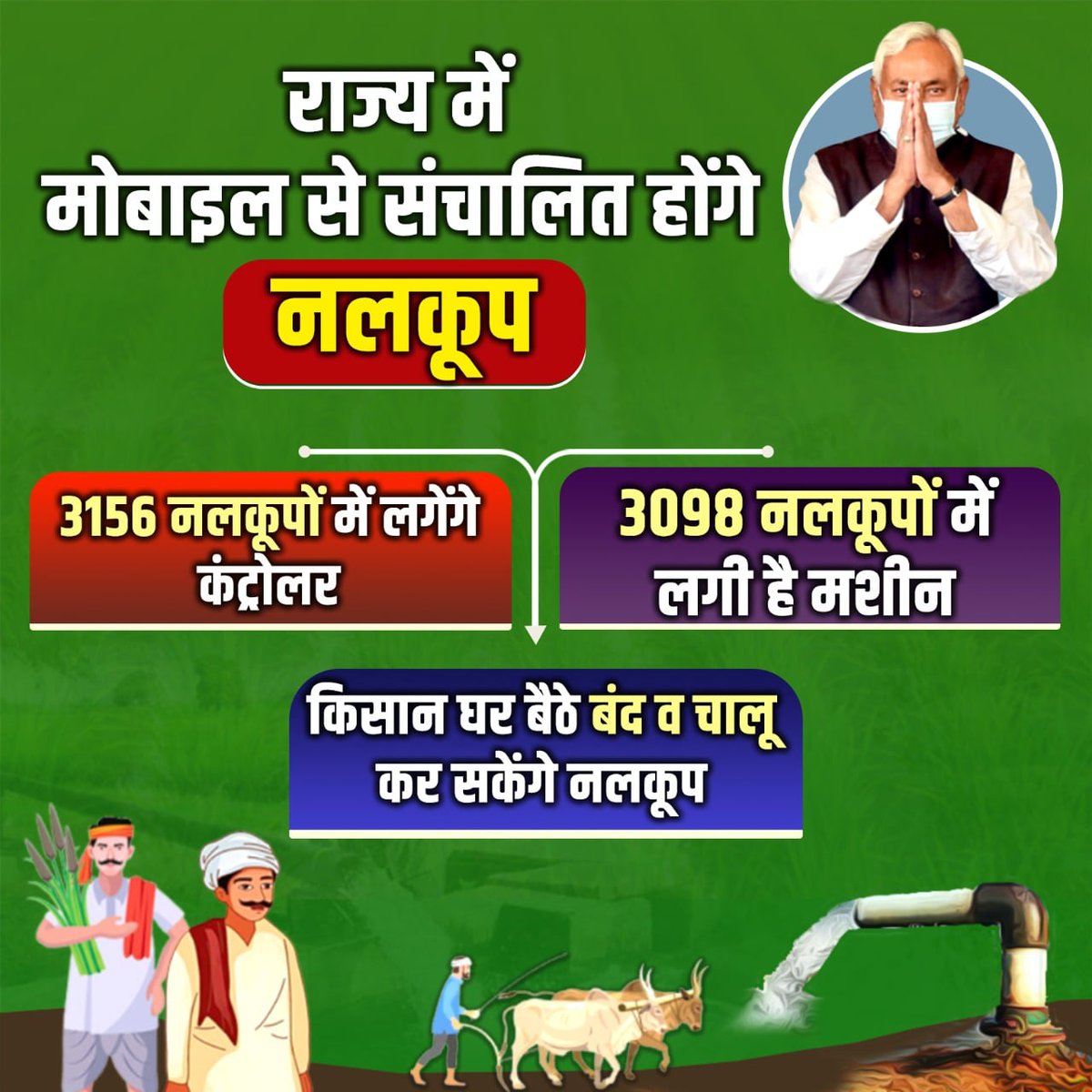 Nitishcampaign's tweet photo. #किसान अब घर बैठे #नलकूप नियंत्रित कर बिजली की बचत भी कर सकेंगे। राज्य के सभी सरकारी नलकूप अब अत्याधुनिक फीचर से लैस वाहनों की तरह ही मोबाइल से बंद और चालू होंगे। #बिहार_सरकार ने 3098 नलकूपों में मशीन लगा दी है।
#Kisan #Bihar
#NitishKumar https://t.co/Hf7CniXm2p