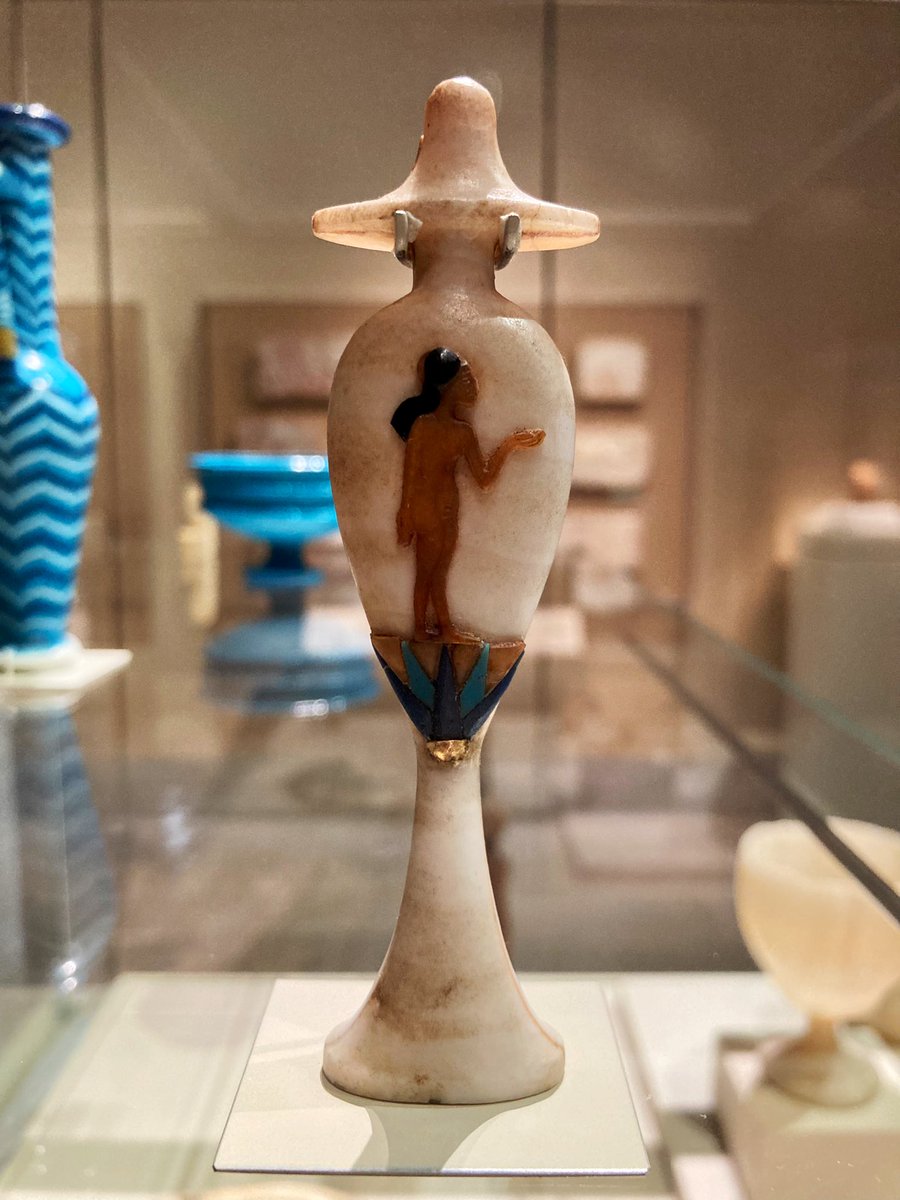 AlisonFisk's tweet photo. A beautiful ancient Egyptian perfume bottle carved from alabaster about 3,300 years-ago. A figure depicting a little Amarna princess standing on a blue lotus flower is skilfully inlaid with carnelian, obsidian, glass and gold. Dynasty 18, reign of Akhenaten.

#Archaeology https://t.co/jzElhvFkQP