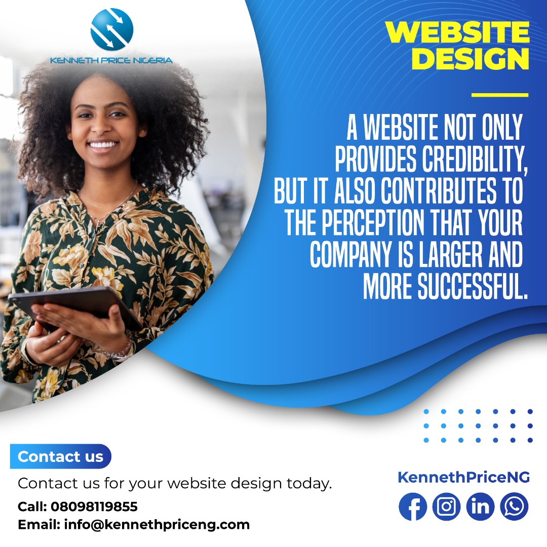 WhoBeDatEsosa's tweet photo. A website not only provides credibility, but it also contributes to the perception that your company is larger and more successful. 

Contact us for your #websitedesign design
Call: 08098119855
Email: info@kennethpriceng.com

#design #webdevelopment #graphicdesign #webdesigner https://t.co/iepIvx60xC