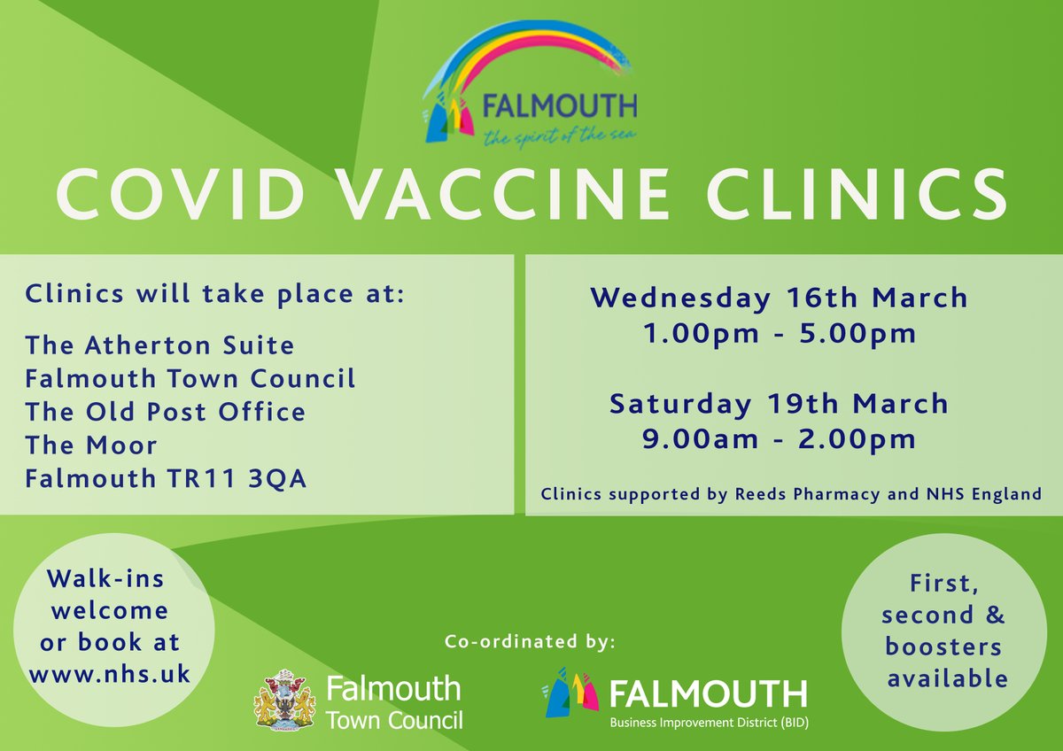 FalmouthTownUK's tweet photo. Here's the dates and times for next weeks Covid clinics. We're grateful for the continuing support of Reeds Pharmacy and NHS England in ensuring that this service is available for all local residents. #lovefalmouth #doitforcornwall #reedspharmacy #nhsengland https://t.co/j9WsCBizGB