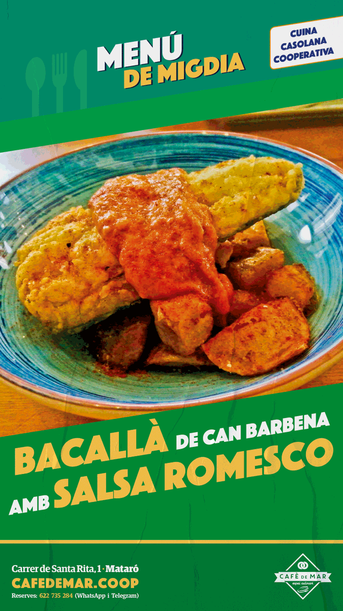 CafedeMarEC's tweet photo. 🌿 Avui diumenge us recomanem el bacallà de Can Barbena amb romesco casolà.

🥬 Els menús de cuina casolana cooperativa, cada migdia al Cafè, de dimarts a diumenge, amb opcions vegetarianes i veganes i plats de temporada. https://t.co/4NEh9tpval
