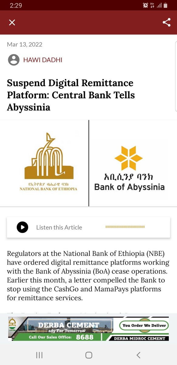 TeddyTassewK's tweet photo. #Ethiopia: National Bank tells Abyssinia Bank to suspend the recently launched #CashGo and #MamaPays Digital remittance platforms.

Its certainly a setback in promoting the use of formal channels for incoming remittance. 

#BanksinET #FintechET #digitalpayments https://t.co/izcatEUxdq