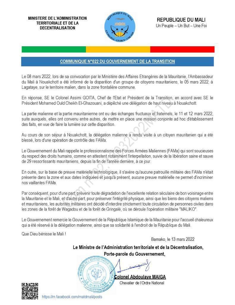 MaliMaeci's tweet photo. Communiqué #22 du Gouvernement du Mali suite à la visite d’une délégation en Mauritanie et décidant d’interdire strictement toute circulation de personnes civiles dans les forêts de Wagadou et de Gringalé, zones de l’Opération militaire « MALIKO ». https://t.co/VEI9bx4ZVD