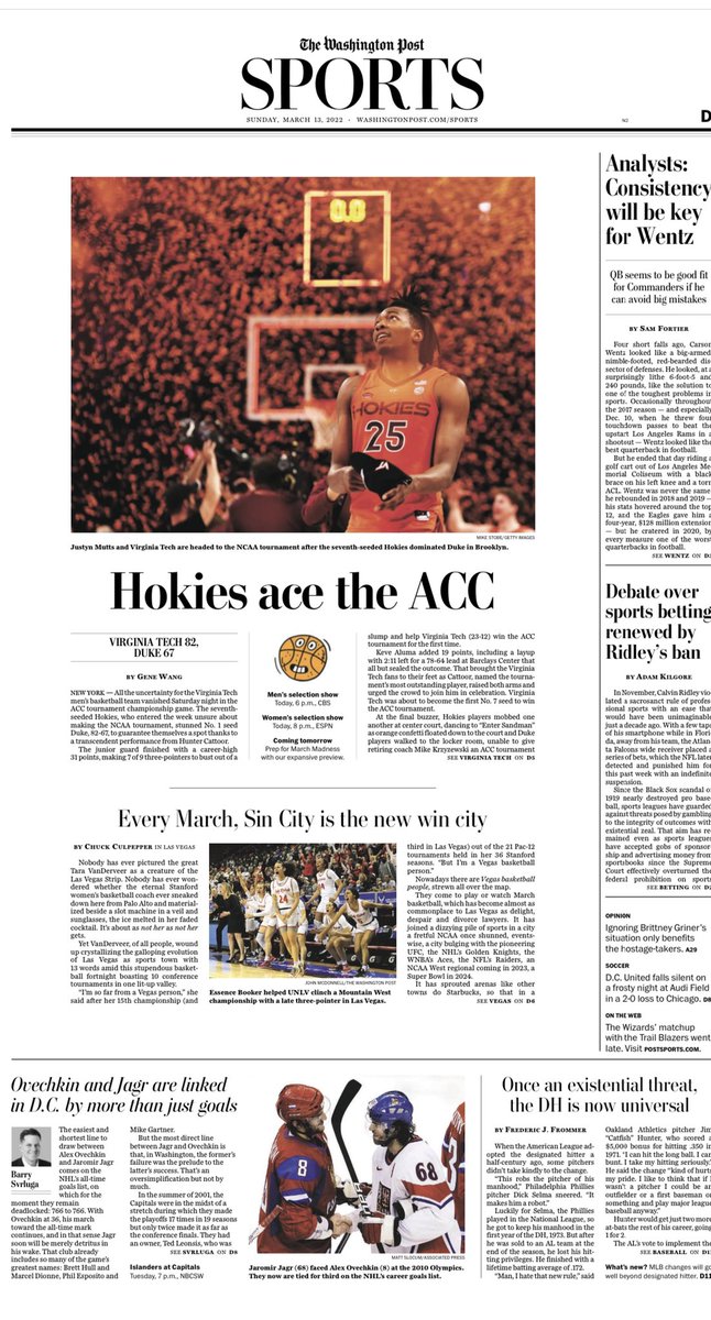 gene_wang's tweet photo. Cover of today’s @PostSports print editions with #Hokies winning @accmbb tournament title for first time. https://t.co/hjmnDLknL9