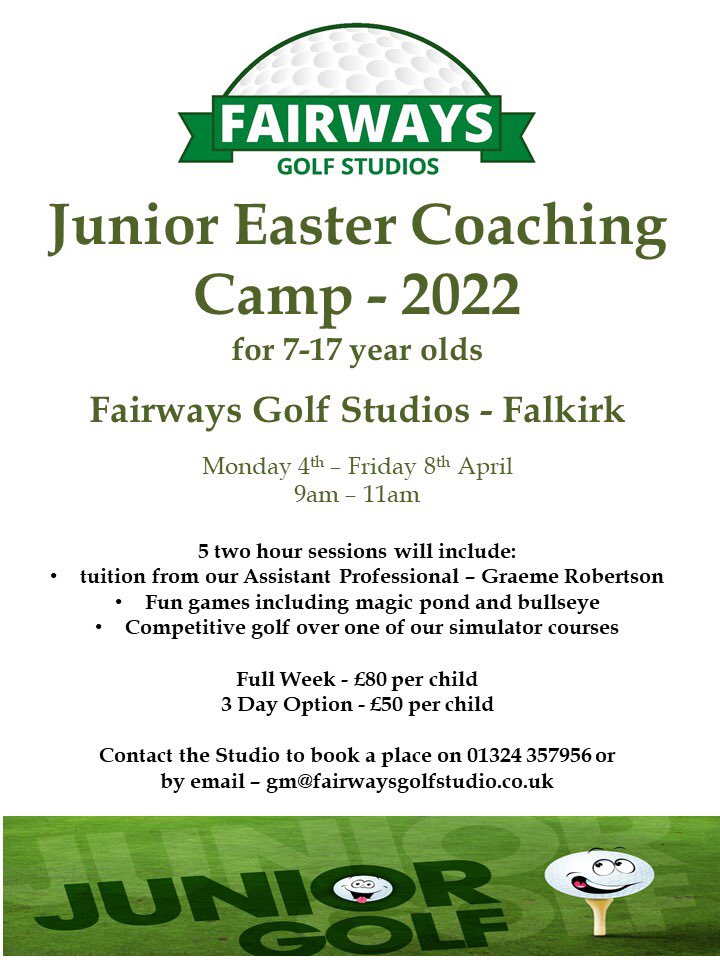 fairwaysgolfF's tweet photo. Junior Coaching at Fairways Falkirk

We currently have a few spaces left in our weekly classes and our Easter Camps are filling up fast!

If you would like more information or would like to a place, please email or phone Richard - gm@fairwaysgolfstudio.Co.uk or 07471890653 https://t.co/lTcI633qrI