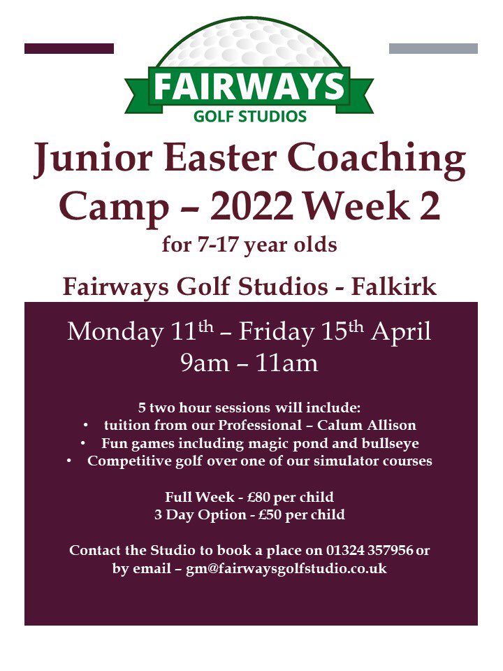 fairwaysgolfF's tweet photo. Junior Coaching at Fairways Falkirk

We currently have a few spaces left in our weekly classes and our Easter Camps are filling up fast!

If you would like more information or would like to a place, please email or phone Richard - gm@fairwaysgolfstudio.Co.uk or 07471890653 https://t.co/lTcI633qrI
