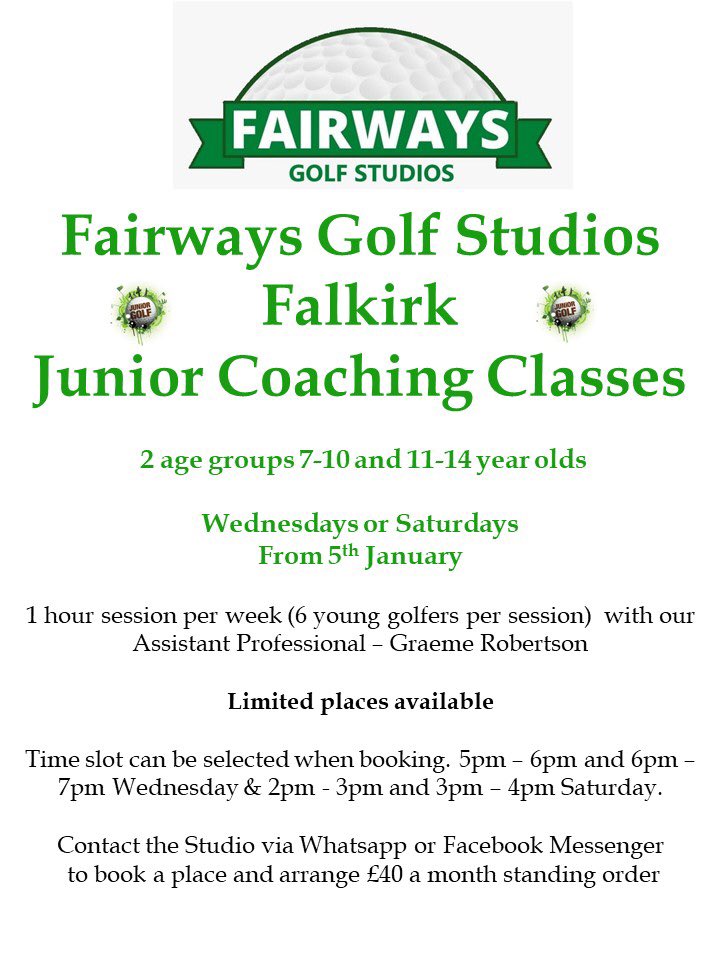 fairwaysgolfF's tweet photo. Junior Coaching at Fairways Falkirk

We currently have a few spaces left in our weekly classes and our Easter Camps are filling up fast!

If you would like more information or would like to a place, please email or phone Richard - gm@fairwaysgolfstudio.Co.uk or 07471890653 https://t.co/lTcI633qrI