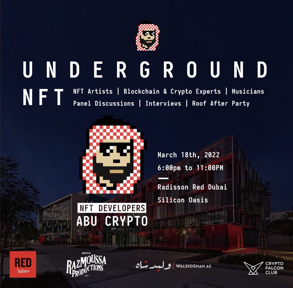 abucryptonft's tweet photo. #NFTAirdrop #NFTGiveaway
In celebration of the upcoming “Underground NFT” Night @RadissonRed Dubai we will airdrop an unspecified number of #AbuCryptoNFT to entires into this giveaway!
To enter;
✅ Retweet this post!
✅ Retweet 📌 post!
✅ Write your wallet address below!
🙏 https://t.co/nE2IgJBEcf