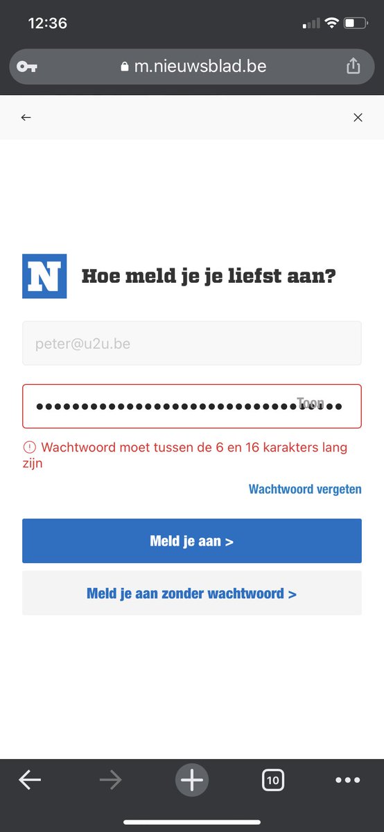 Beste #nieuwsblad , jullie paswoord beleid verraad dat jullie paswoorden op een onveilige manier opslaan, ik dank dus voor registratie op jullie site. #onveilig Jullie kunnen beter!