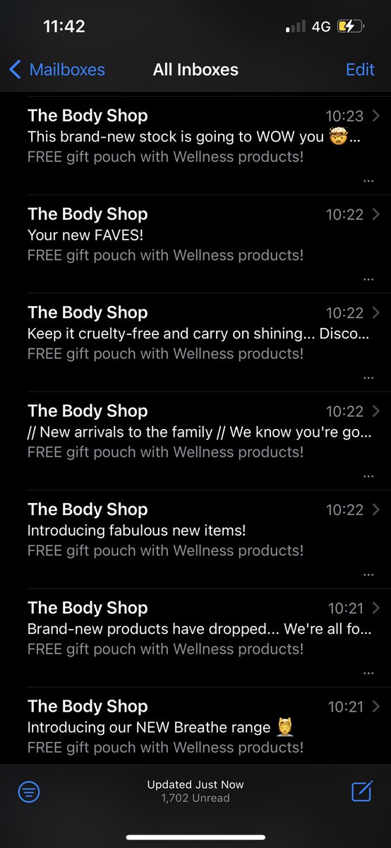 Nadziaaa's tweet photo. @TheBodyShopUK email subject line testing hiccup I assume? Either way, I like the first one (at the bottom), straight to the point https://t.co/88Yt2jeC2e