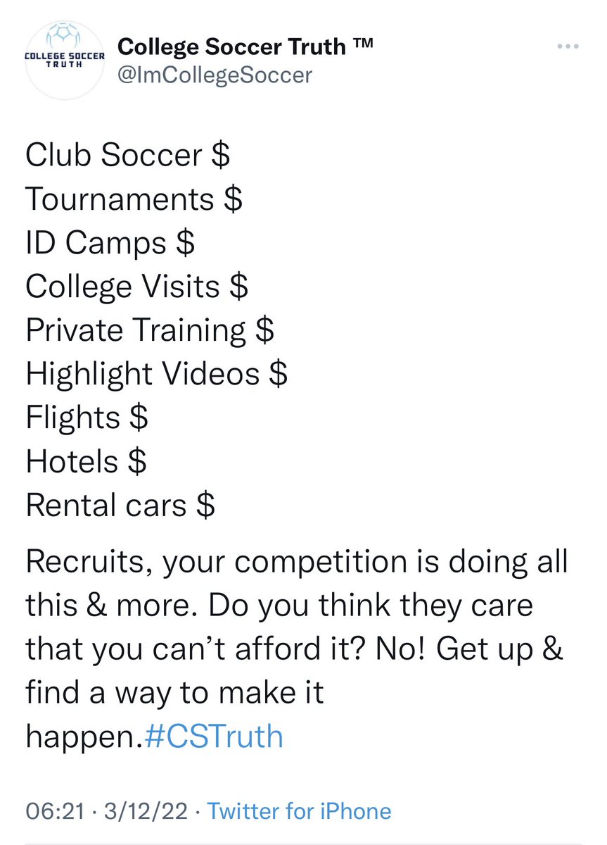 Hey, young people who struggle financially, the youth soccer system is broken! But instead of using my platform to help you I will tell you you will fail unless "work harder"

This account I swear! 🤬🤬