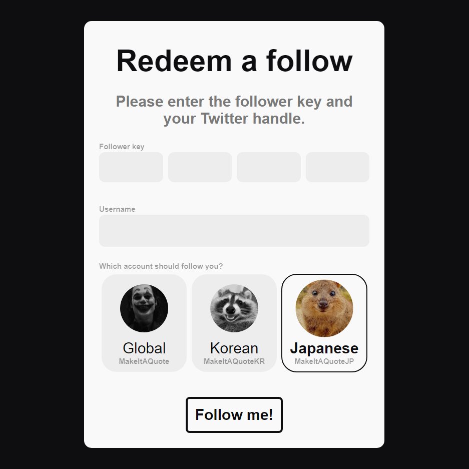 MakeItAQuote (日本語版) (@makeitaquotejp) on Twitter photo Ko-fiで私のプロジェクトを支援してくれた方には、「フォロワーキー」をお渡しすることにしました。
このキーを私のサイト上で入力すると、<a href="/MakeItAQuote/">Make it a quote</a>からフォローされます。
Ko-fi(支援サイト): ko-fi.com/makeitaquote
もらったキーはここで入力してね: makeitaquote.com/follow Ko-fiで私のプロジェクトを支援してくれた方には、「フォロワーキー」をお渡しすることにしました。
このキーを私のサイト上で入力すると、<a href="/MakeItAQuote/">Make it a quote</a>からフォローされます。
Ko-fi(支援サイト): ko-fi.com/makeitaquote
もらったキーはここで入力してね: makeitaquote.com/follow