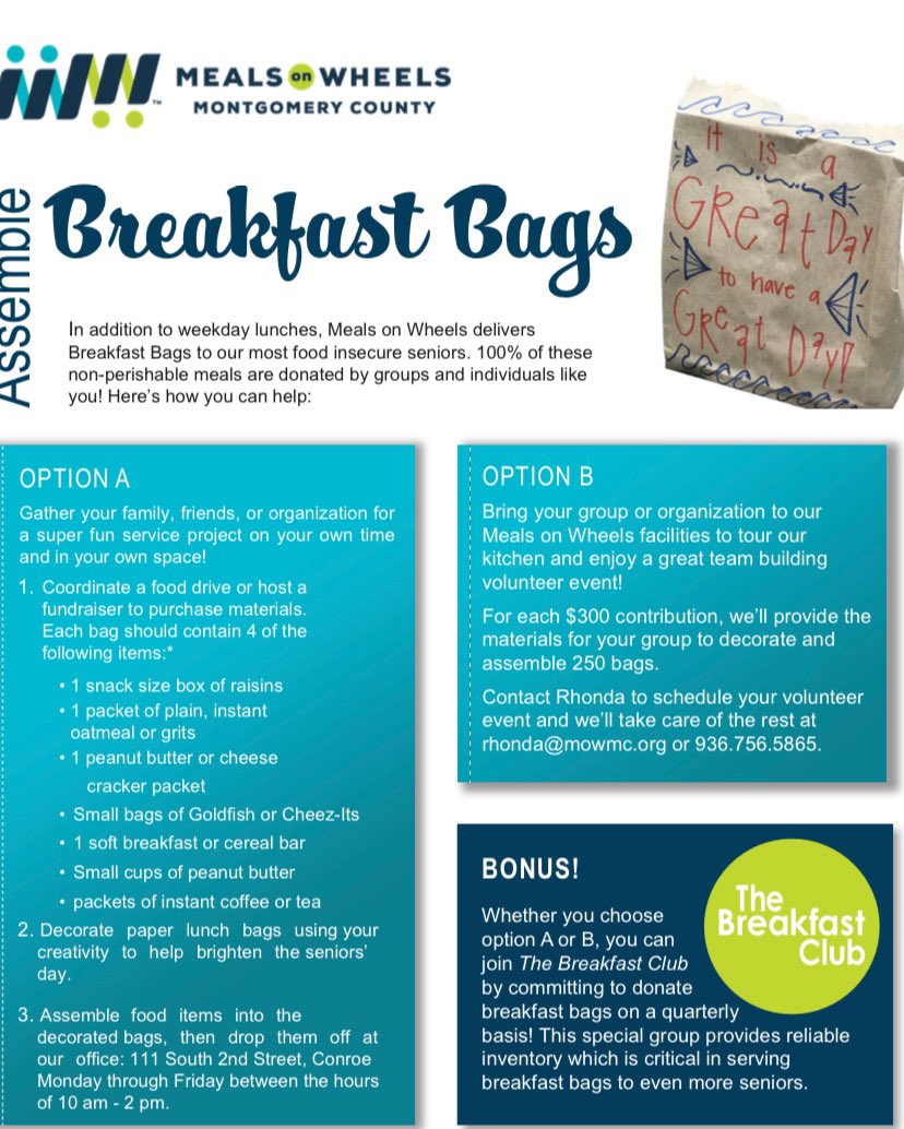 Our community service for right now is breakfast bags for Meals on Wheels! The items needed are listed under option A. We would love for everyone to donate and spring break is the perfect time to go buy these items!!   @MISDCareerTech <a href="/MHSPTOBears/">MHS PTO</a> <a href="/kimkstokes/">Kim Stokes, M. Ed.</a> <a href="/mhs_bears/">Montgomery High School</a>