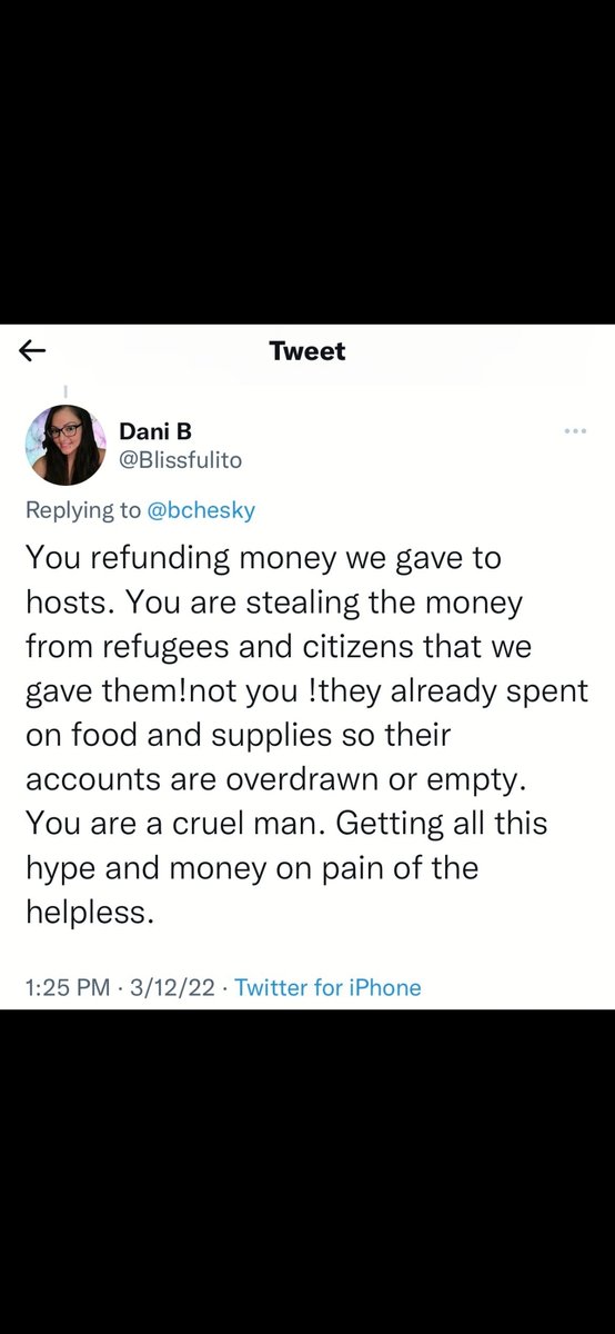 <a href="/JojoDesmond/">Jojo Desmond</a> <a href="/michaelgove/">Michael Gove</a> <a href="/Airbnb_uk/">Airbnb UK</a> #Airbnb can't be trusted with anything to do with Ukrainian refugees - far safer to leave them out of the equation altogether

Theyre currently cancelling 1000s of Ukrainian bookings made by kind donors as way of getting aid to people in need, and denying hosts money sent to them