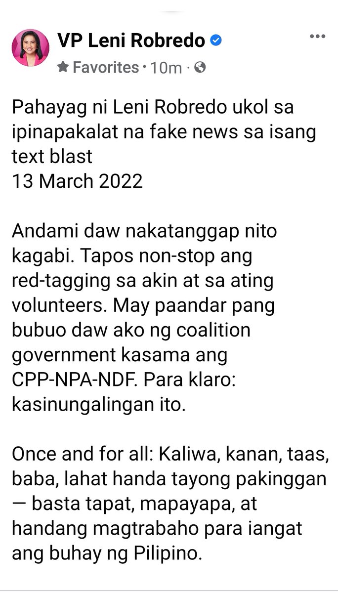 adrianayalin's tweet photo. VP Leni Robredo: Andami daw nakatanggap nito kagabi. Tapos non-stop ang red-tagging sa akin at sa ating volunteers. May paandar pang bubuo daw ako ng coalition government kasama ang CPP-NPA-NDF. Para klaro: kasinungalingan ito. https://t.co/EfubBD5zaD