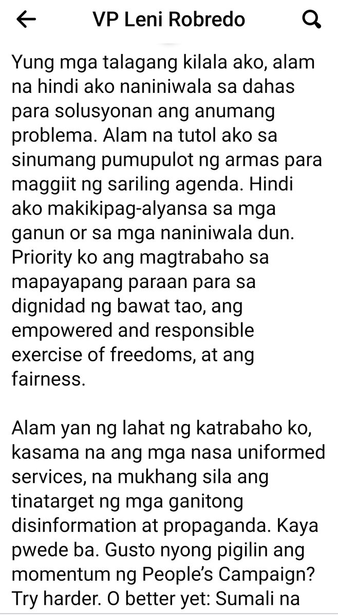 adrianayalin's tweet photo. VP Leni Robredo: Andami daw nakatanggap nito kagabi. Tapos non-stop ang red-tagging sa akin at sa ating volunteers. May paandar pang bubuo daw ako ng coalition government kasama ang CPP-NPA-NDF. Para klaro: kasinungalingan ito. https://t.co/EfubBD5zaD