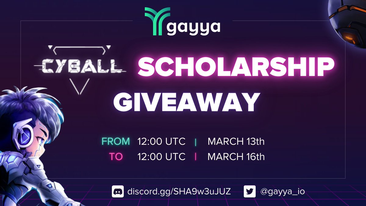 ⚽️ CYBALL SCHOLARSHIP GIVEAWAY ⚽️

We’re super excited to announce a special giveaway with #Cyball !

🎁 6 SLOTS AVAILABLE

To Enter:
1️⃣ Follow @Gayya_io
2️⃣ Like &amp; RT &amp; Tag 3 friends
3️⃣ Join discord : discord.gg/SHA9w3uJUZ

Good luck Gayya Family🍀

#CyballScholarship