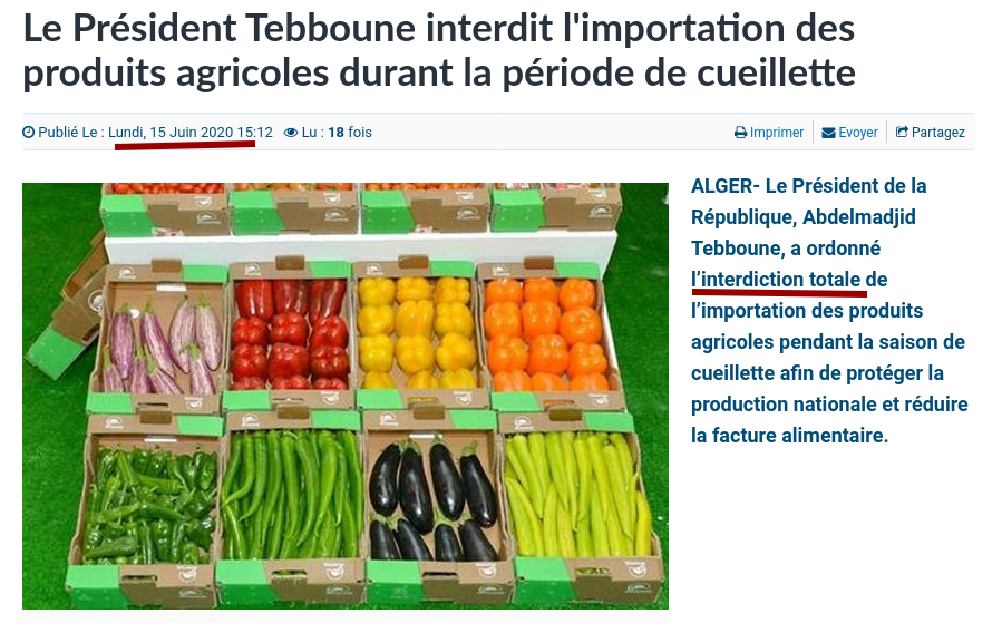 ONAPNT's tweet photo. Tebboune, a ordonné l’interdiction totale de l’importation des produits agricoles pendant la saison de cueillette en juin 2000, il vient d'ordonner l'importation de la pomme de terre en mars 2022.
#Promesse_Non_Tenue
#ONAPNT https://t.co/UTMLr7YcJn