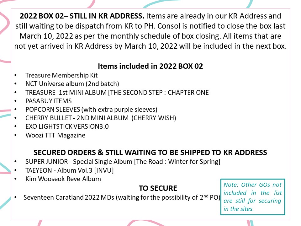 GoingMine_PH's tweet photo. #gmphupdate as of Mar. 13, 2022
Mass update for 2022BOX02.
Please see attached photos for the update details. If you have questions you can always send us a DM.
Thank you so much po sa inyong lahat :) https://t.co/oj7sKZoUlW