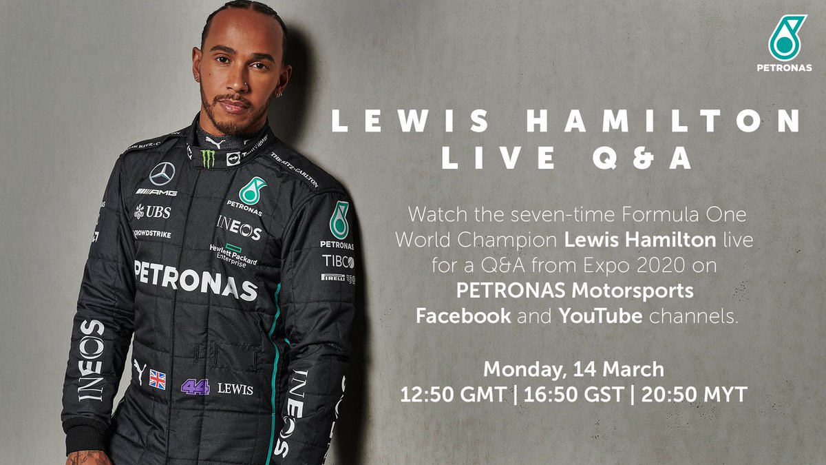 We're bringing @lewishamilton to @expo2020dubai for a live Q&amp;A with PETRONAS at the Al Wasl Plaza  🙌

Join us at 4:45pm on Monday 14th, or watch the Live Stream on our Facebook and YouTube pages! 

#OutRaceYourself #PETRONASMotorsports #MercedesAMGF1 #Expo2020 #Dubai