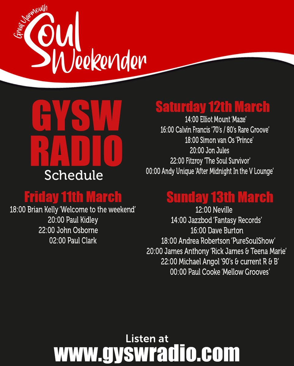 The soul tunes continue today! 💃 🕺 🎼 

Neville now on - gyswradio.com 

Full schedule below 👇