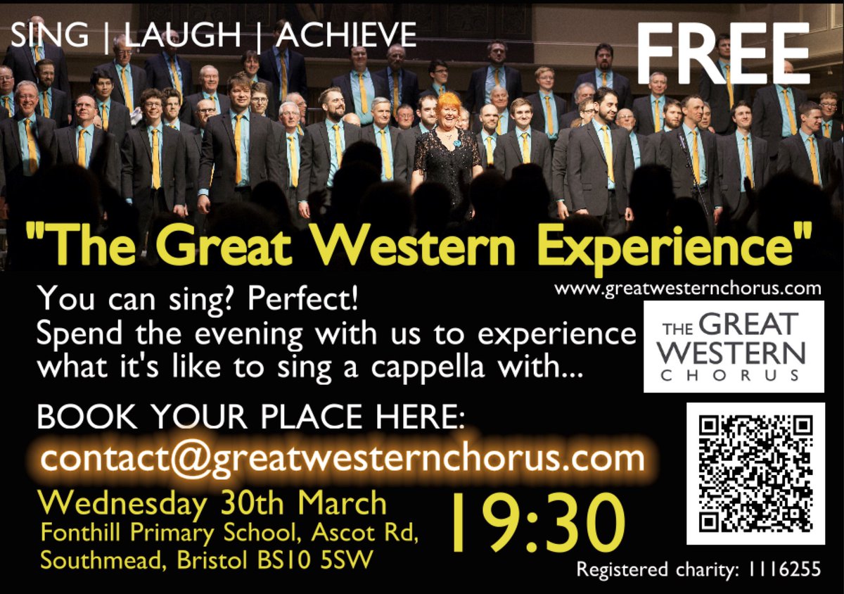 GWCBristol's tweet photo. We're delighted to announce our next Open Evening on 30 March. Are you a guy? Enjoy singing? Live in or around Bristol?  Come and try us out! Email us at contact@greatwesternchorus.com for more info. #acappella #barbershop #Bristol @singBABS https://t.co/k8hZAOh0XE